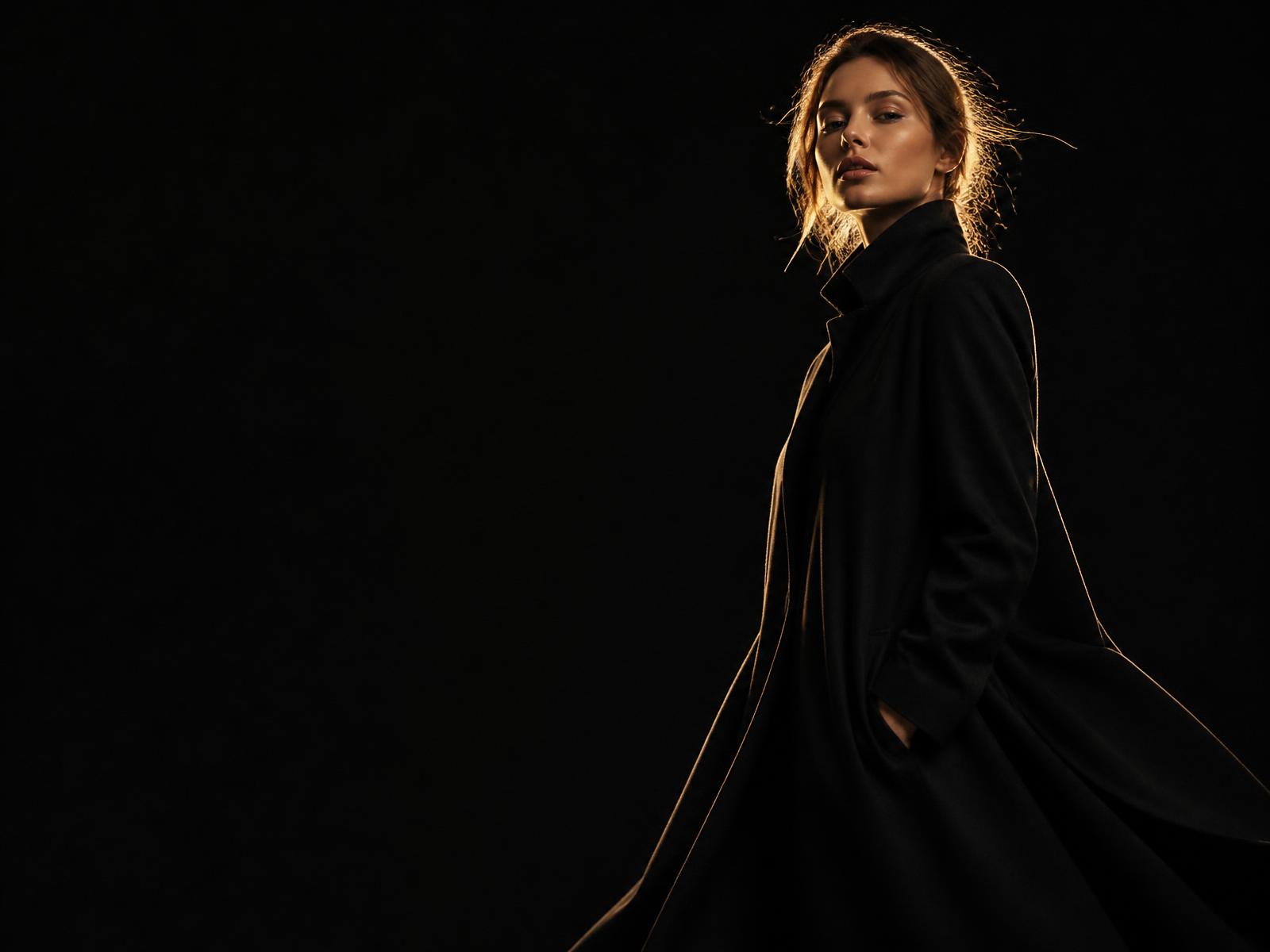 Tailored black coat detail under gold rim light